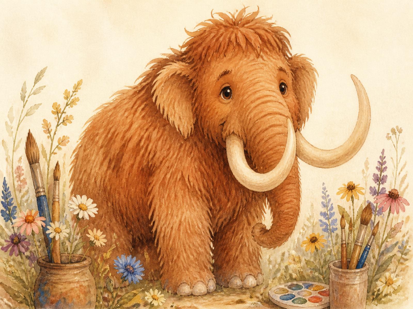 A friendly illustrated woolly mammoth surrounded by wildflowers and paintbrushes